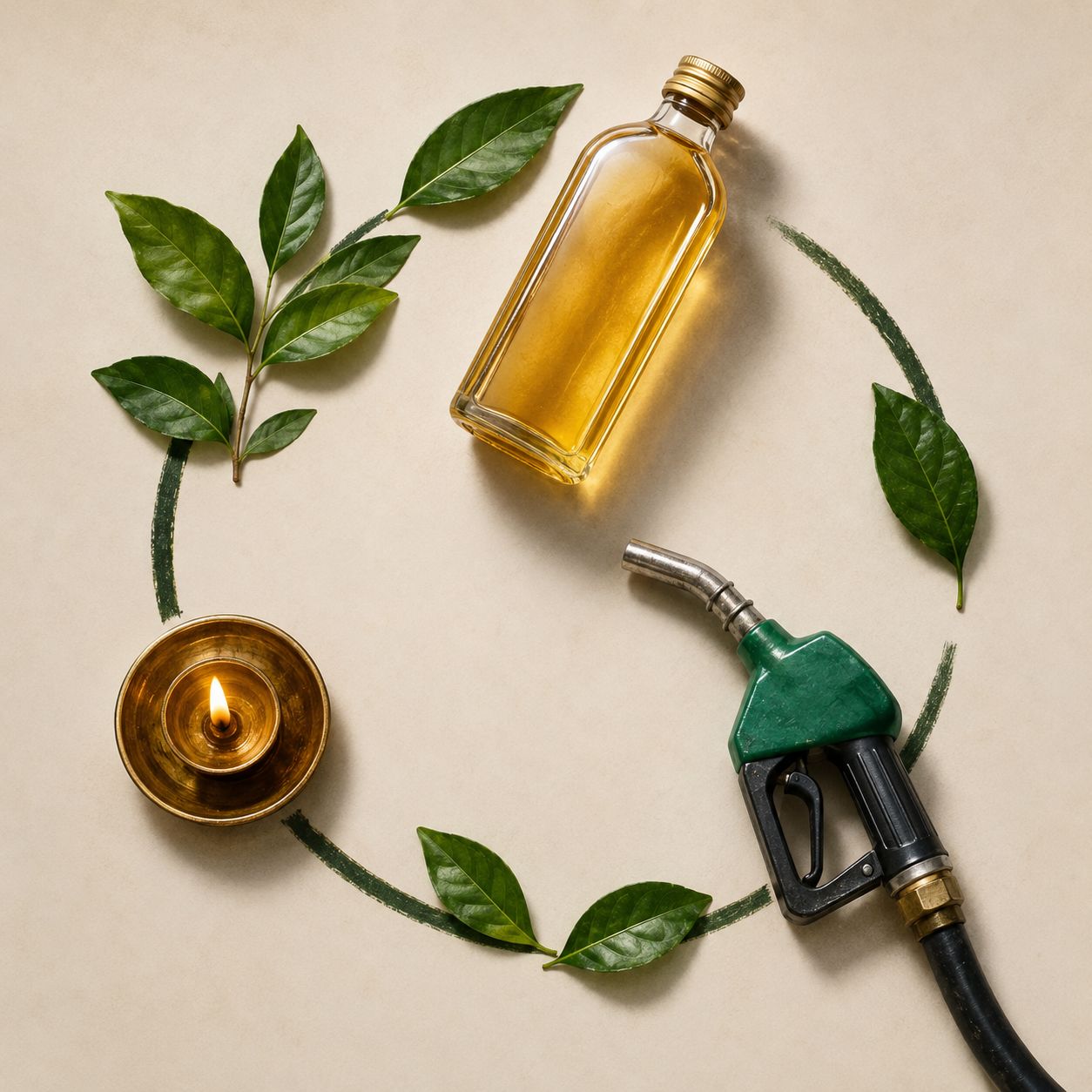 Cooking oil, a lit Deepam lamp and a fuel nozzle arranged in a circle of leaves